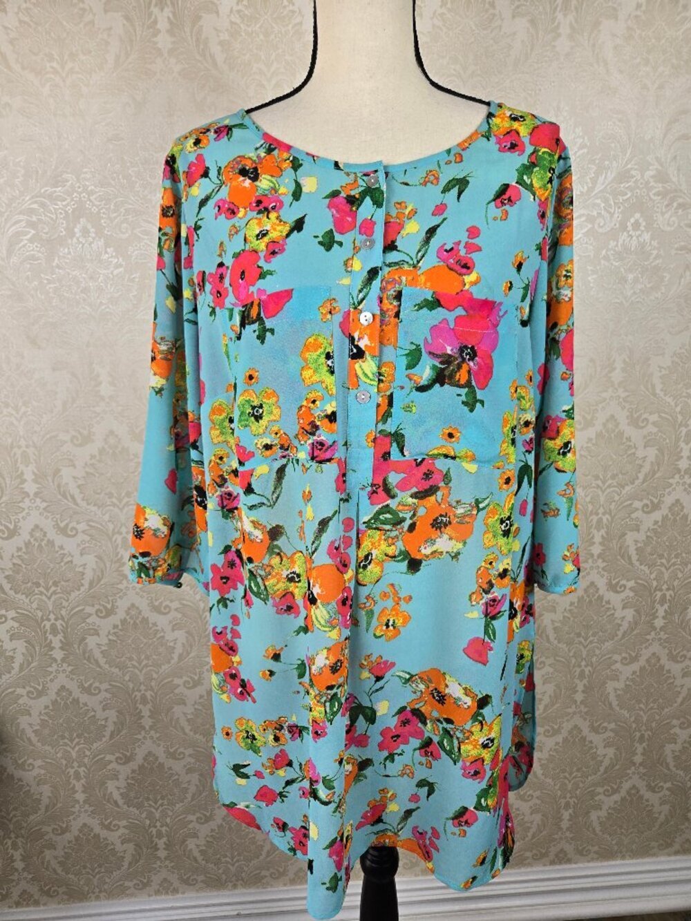 Anthropologie Fig & Flower Size 1X Blue Floral Print Popover Tunic 3/4 Sleeves